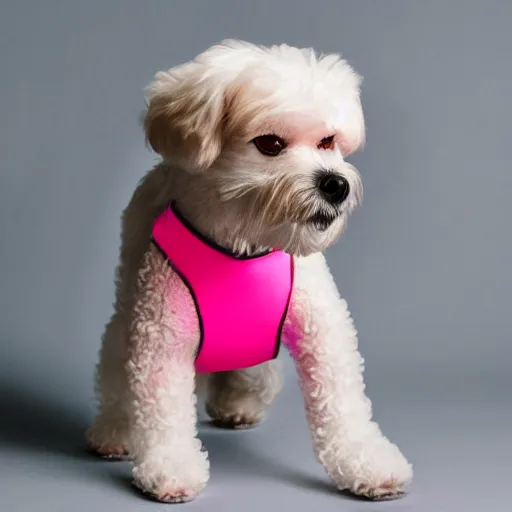 Prompt: dog wearing neon pink shoes, realistic photo, studio quality photograph