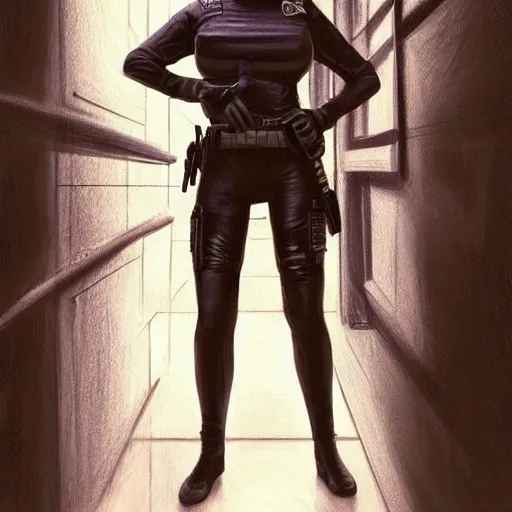 Image similar to kim kardashian as a cop, police uniform, full body view, full pov, haunted house interior, pretty, aesthetic, dust molecules, matte detailed photo, DeviantArt, Artstation, by donato giancola, ralph horley, loish, cinematic lighting