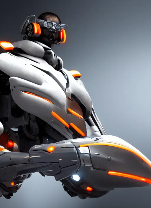 Image similar to a Photorealistic dramatic hyperrealistic full frame render of a Sleek futuristic exosuit Freedom Formula Racing Mech,Ultra realistic details,glossy white metal,Orange racing stripes,weathered surfaces,by Hidetaka Tenjin,Yoh Yoshinori,Yoji Shinkawa,Masamune Shirow,Beautiful dramatic dark moody tones and lighting,cinematic atmosphere,studio lighting,shadows,dark background, Octane render,8K