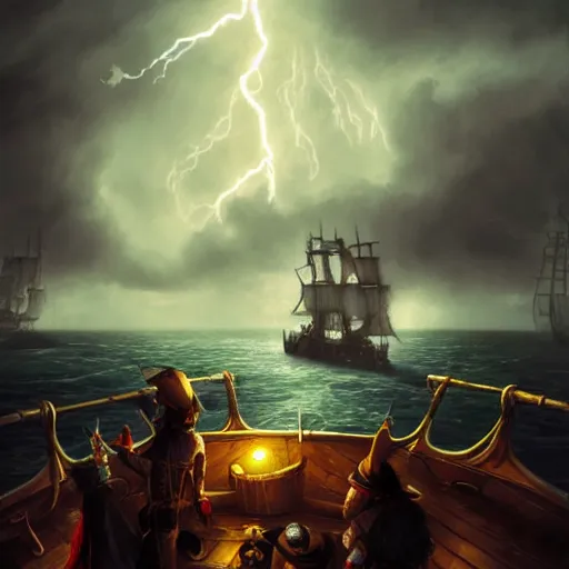 Image similar to a pirate with two peglegs and two hook hands steering a wooden galleon through a rain and lightning storm. view from on deck, sails and masts and rigging, first person deckhand pov, detailed dynamic light painting by peter mohrbacher