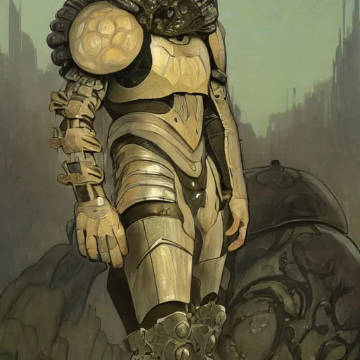 Image similar to portrait of hulking, brutish clone with vacant expression and giant isopod attached to back of neck, wearing brutalist black armor and camoflauge cloak, clearly visible face, science fiction concept art by Anato Finnstark, Alphonse Mucha, and Greg Rutkowski