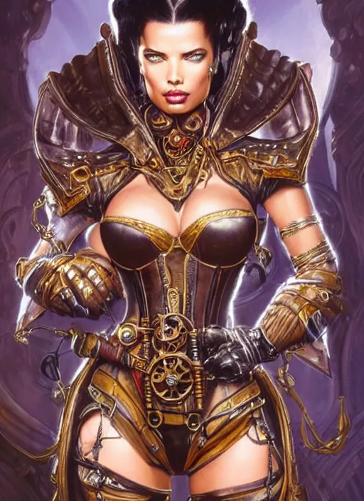 Image similar to front portrait of attractive Adriana Lima as Lady Mechanika with both hands hidden behind her back, Intrincate background with steampunk imagery , D&D!, fantasy style, sharp focus!, ultra detailed, art by Artgerm and Peter Andrew Jones, WLUP