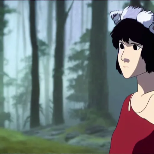 Image similar to mary elizabeth winstead as princess mononoke, still frame, sharp focus, cinematic, filmic