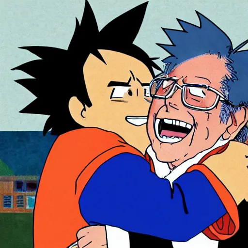 Prompt: bernie sanders hugging goku by studio ghibli