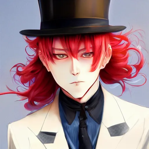 Image similar to semi realistic anime illustration of top hat wearing red haired effeminate man, with beautiful hyperdetailed eyes, facing camera directly, full face portrait made by Stanley Artgerm, WLOP, Rossdraws, James Jean Andrei Riabovitchev, Marc Simonetti, Yoshitaka Amano, Artstation