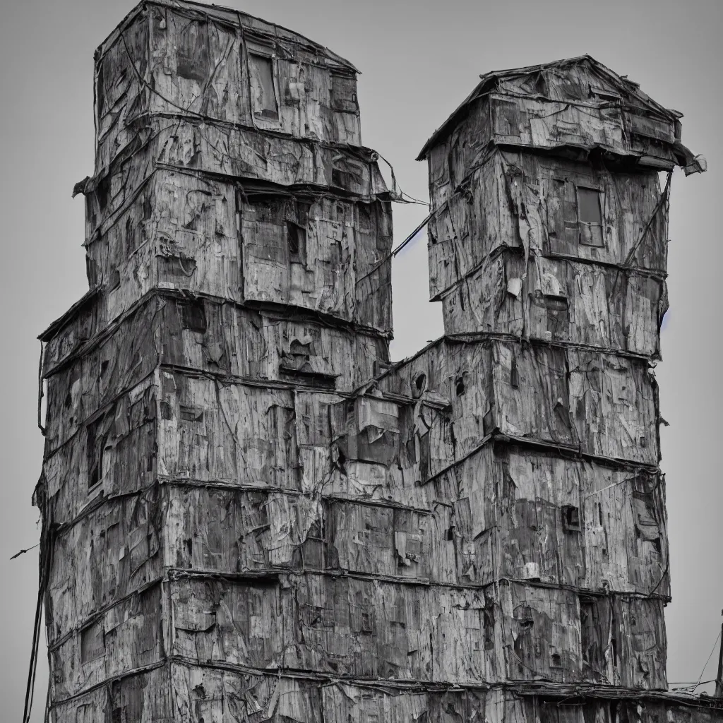 Image similar to close - up view of a large tower, made up of suspended makeshift squatter shacks, faded colours, neutral sky, dystopia, canon 5 d markiii, very detailed, ultra sharp, photographed by ansel adams