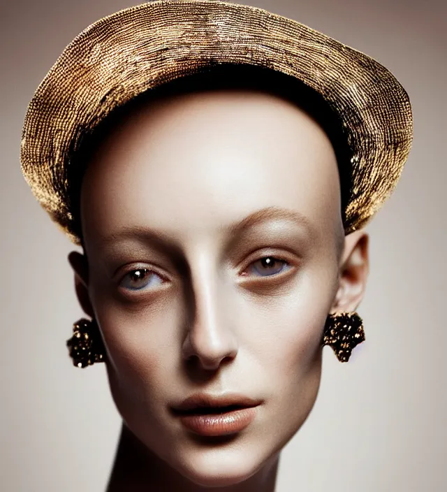 Prompt: photography face profil portrait of a beautiful woman, half in shadow, natural pose, natural lighing, rim lighting, no flash, wearing an ornate stunning outfit and hat iris van herpen, makeup by benjamin puckey, highly detailed, skin grain detail, high detail, photography by by paolo roversi, creativity in fashion design