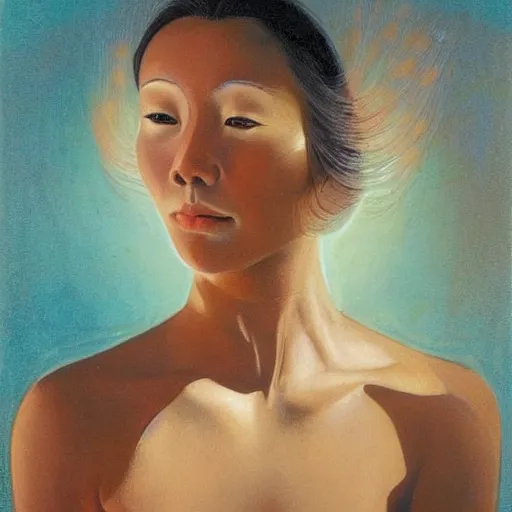 Prompt: A beautiful performance art. She has deeply tanned skin that makes me think of Oort, an almond Asian face and a compact, powerful body. alizarin by John Harris, by John Philip Falter hideous, ghostly