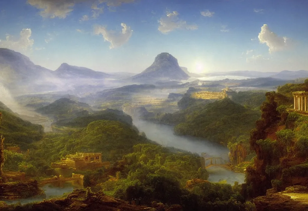 Prompt: two rivers converge to form one larger river, Appalachian forest, vibrant blue sky background with a giant classical Roman or Greek city in the background barely visible in the haze, by Cortes Thurman, Miyazaki, Thomas Cole, Albert Bierstadt,