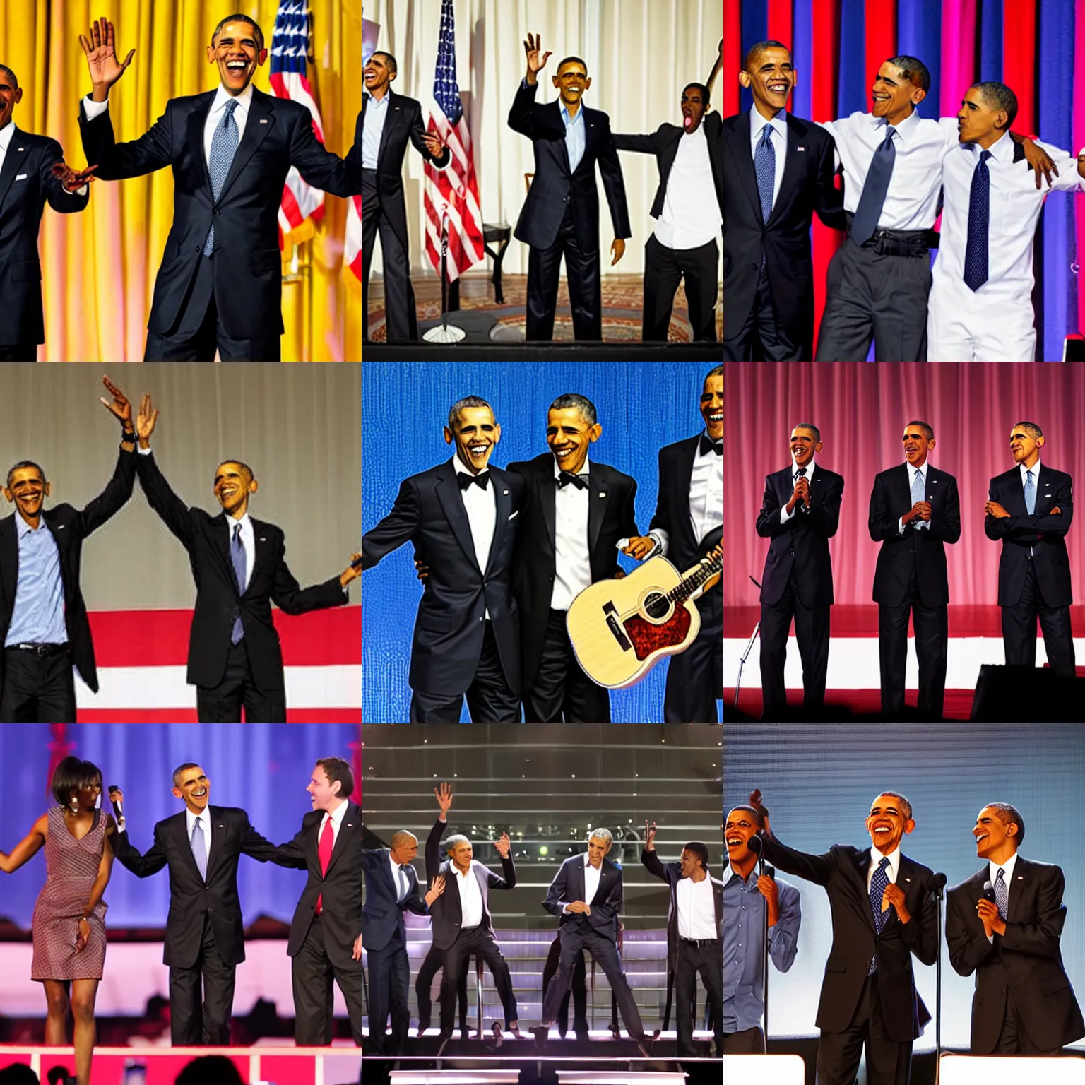 Prompt: three Obama singing on the stage, photo