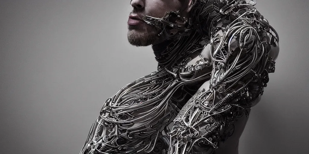 Image similar to hyper realistic photography of a stunningly beautiful cyborg male, plated arm, intimate, chest, holding close, ribbons, in the style of beth cavener, jin kagetsu,, and wlop, highly detailed, intricate filigree, symmetry, masterpiece, award winning, sharp focus, concept art, highkey lighting, ambient lighting, octane render, 8 k, artstation