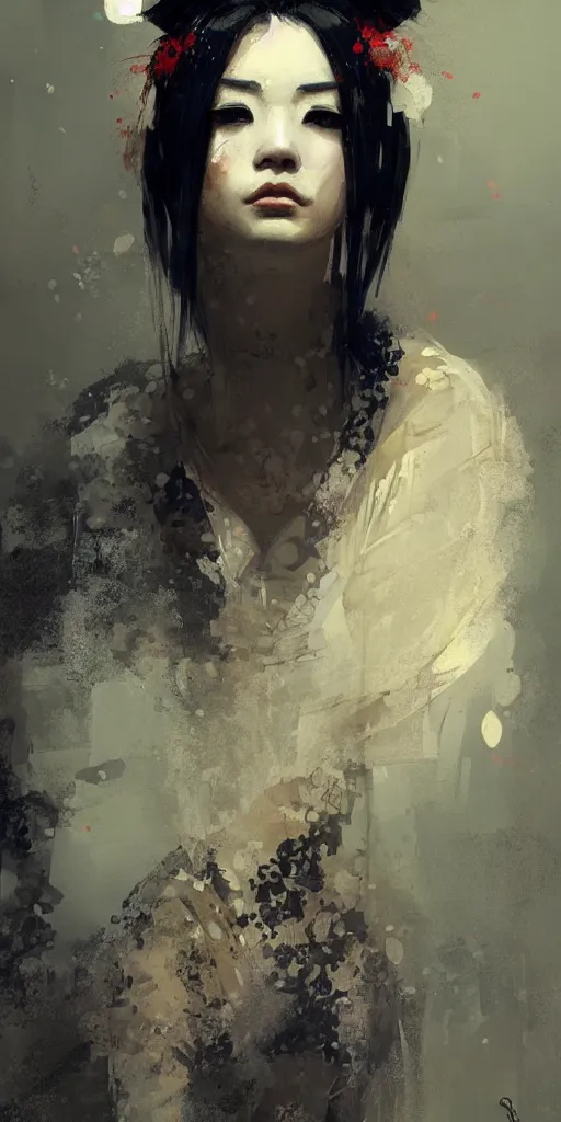 Image similar to female geisha girl, beautiful face, rule of thirds, intricate outfit, spotlight, by greg rutkowski, by jeremy mann, digital painting