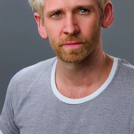 Image similar to color photograph of a 40 year old very handsome white skinny man with short, curly, blond hair and very small blue eyes, dressed in a white t shirt, gray shorts and black socks, with a small mole to the right of his very thin lips, with a straight nose and blond stubble, with a round face, and an earring in the left ear. He resembles a lion.
