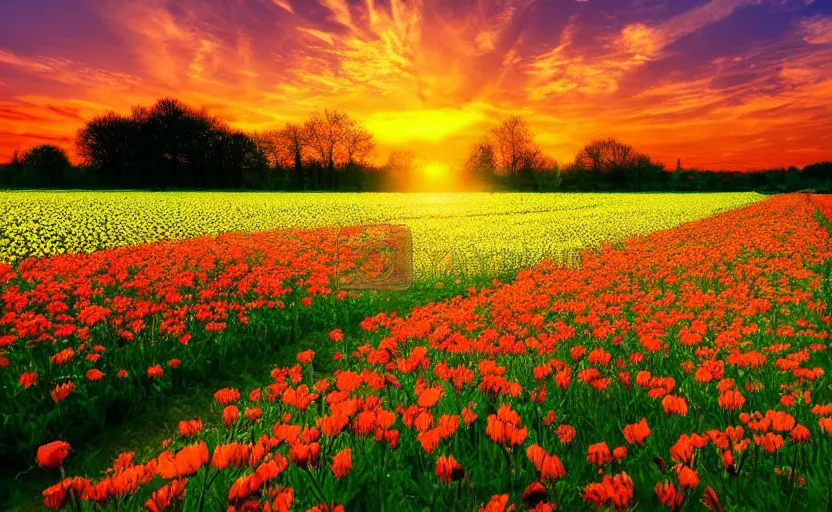 Prompt: a beautiful landscape in the netherlands with a flower field at sunset, in the style of peter graham