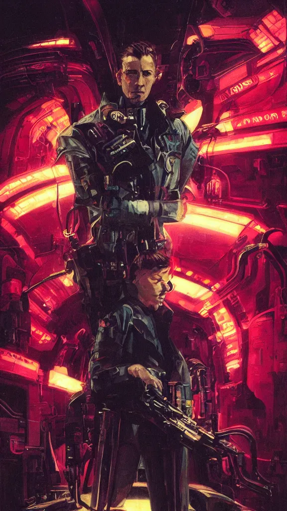 Prompt: concept art, retro - futurist pilot portrait, imperious, heroic, dramatic neon lighting, eerie, mysterious, bladerunner, by gerald brom, james jean, syd mead, akihiko yoshida, cinematic