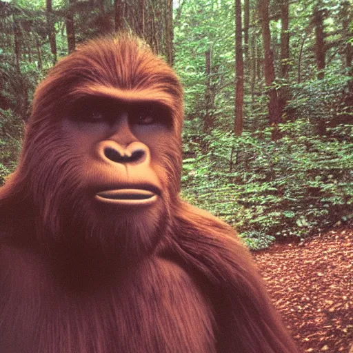 Image similar to 80s polaroid photo of bigfoot in the woods, candid flash photography