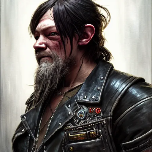 Image similar to portrait painting of a cyberpunk dwarf biker that looks like norman reedus, ultra realistic, concept art, intricate details, eerie, highly detailed, photorealistic, octane render, 8 k, unreal engine. art by artgerm and greg rutkowski and charlie bowater and magali villeneuve and alphonse mucha