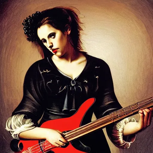 Prompt: Anna Calvi playing electric guitar by Caravaggio