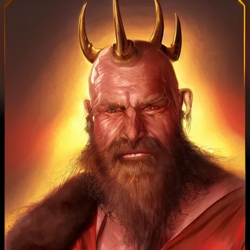 Image similar to dnd render of a man, red, a big black beard, completely golden eyes, 1 curved horn growing out of his forehead, one broken horn groing out of his forehead,