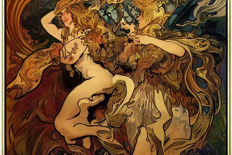 Prompt: Fantasy monster by Pieter Paul Rubens and Alphonse Mucha, art nouveau, poster colors, dramatic lighting, hyper detailed, dramatic camera angle