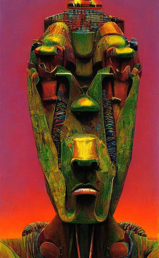 Image similar to portrait of mecha african tribal chief, symmetrical, dramatic lighting, colourful, god, art by zdzislaw beksinski,