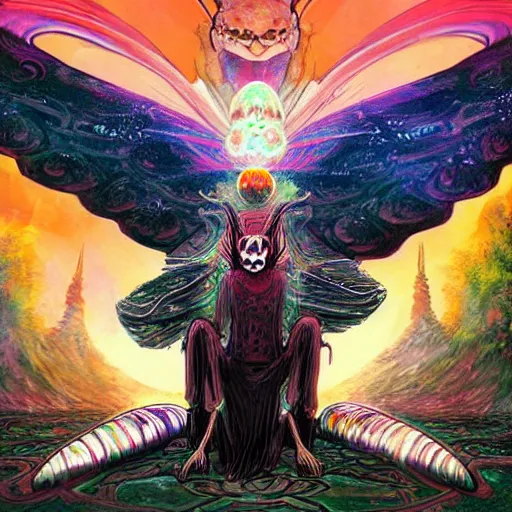 Image similar to A centered chest up portrait of a psychedelic godlike mothman with giant mandala wings smoking a hand-rolled cigarette smoking heavily , magic mushroom village in background , award winning. superb resolution. in the art style of junji Ito and greg rutkowski . Detailed Mushroom city in background. Hyper realistic anime. Perfect art. Dalle2