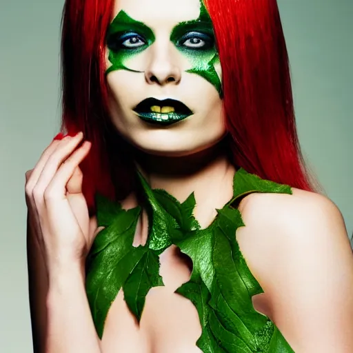 Prompt: A beautiful portrait of alicja tubilewicz smiling as Poison Ivy from Batman as a Versace fashion model Spring/Summer 2010, highly detailed, in the style of cinematic, Getty images, Milan fashion week backstage, Extreme close up, Makeup by Pat McGrath, Hair by Guido Palau, Greg rutkowski