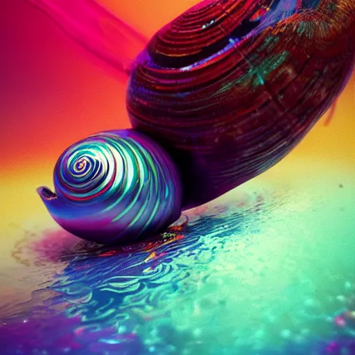 Image similar to snail with shell. made out of chrome. burning water. intricate artwork by Tooth Wu and wlop and beeple. psychedelic colors. octane render, cinematic, hyper realism, octane render, 8k, depth of field