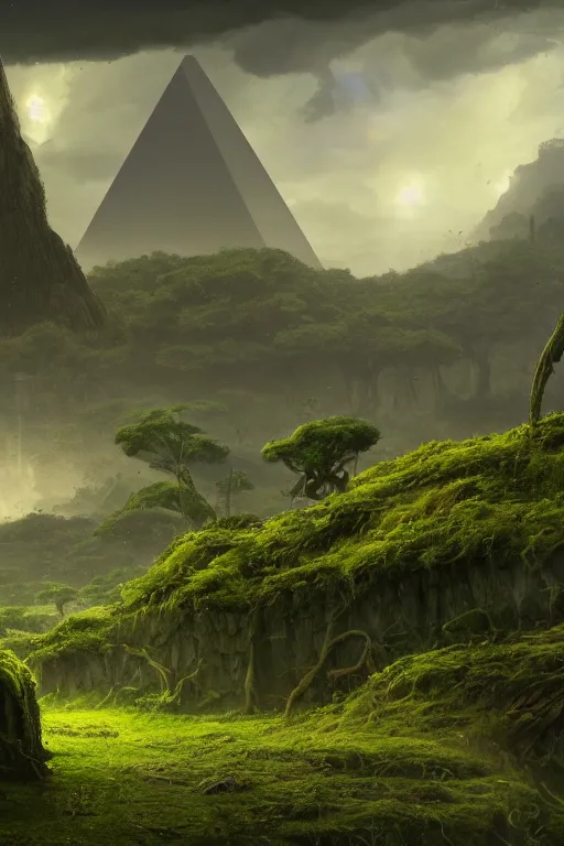 Prompt: a lush alien landscape with a forgotten ancient pyramid in the distance overrun by nature, trees, moss, vines, water, flowers, vivid sky, alien sky, digital art, matte painting, concept art, cinematic lighting, intricate, epic, depth, artstation, Jessica Rossier, Ted Nasmith, Eddie Mendoza, highly detailed, octane render, 8k,