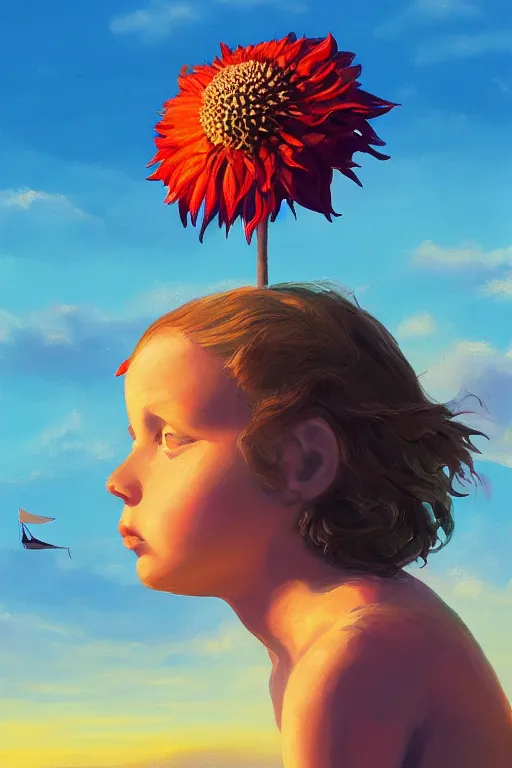 Image similar to closeup giant dahlia flower head, girl sitting on beach, surreal photography, blue sky, sunrise, dramatic light, impressionist painting, digital painting, artstation, simon stalenhag