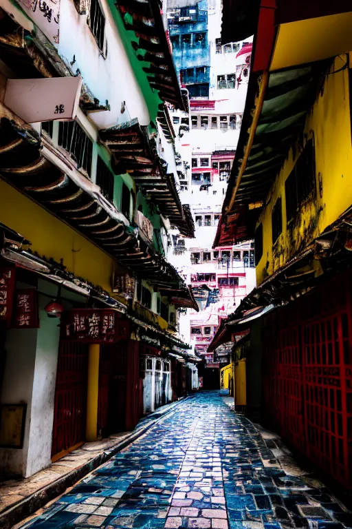 Image similar to an interior view of an old walled city in Hong Kong, colorful, dated and old, dark moody lighting, very detailed, photoreal, 8k, canon 20mm lens