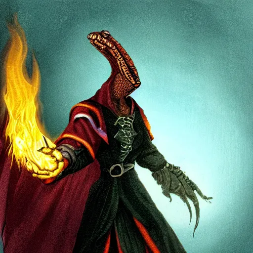 Image similar to HD Dungeons and Dragons character portrait of a Lizard Warlock, with fire in his eyes and evil in his heart