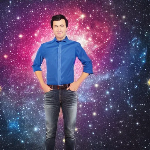 Prompt: black haired lawyer wearing jeans with a galaxy background