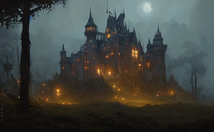 Prompt: painting of a castle in forest by greg rutkowski and Craig Mullins, Dark atmospheric and cinematic lighting