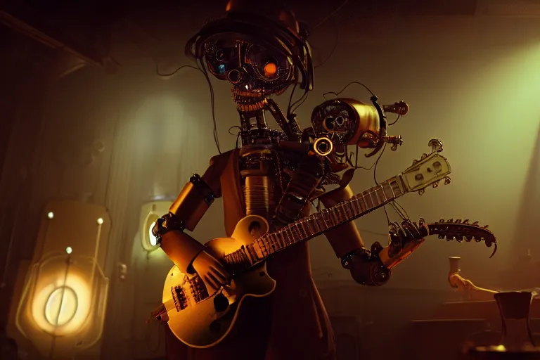 Image similar to 3 steampunk robot jazz guitarist playing at a night club, focus on the musicians, cinematic lighting, exaggerated detailed, unreal engine, octane render, trending on artstation, art by greg rutkowski, 4 k