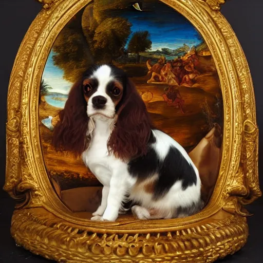 Prompt: a cavalier king charles sitting on a medieval throne in the style of rococo, renaissance painting