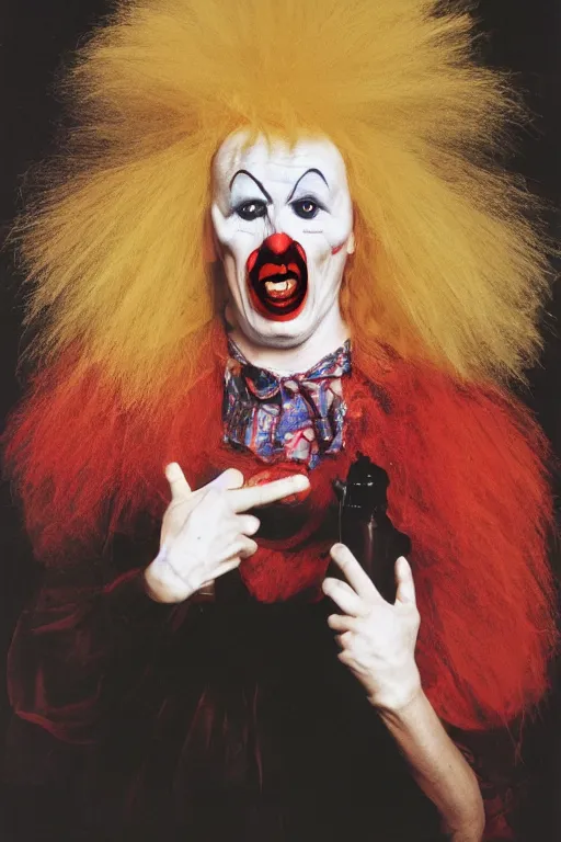 Image similar to picture of an angry clown by Cindy Sherman,
