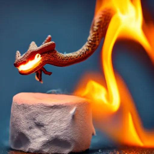 Prompt: macrophotography of a tiny dragon breathing fire onto a marshmallow. Cinematic.