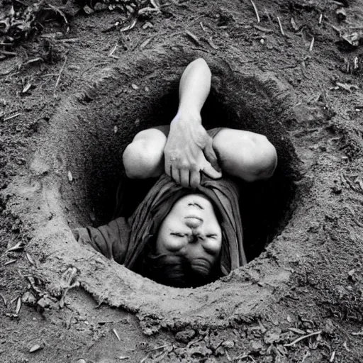 Prompt: a person laying in hole. ap photograph 1 9 7 5