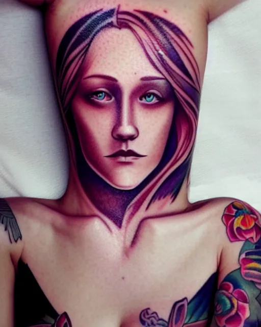 Prompt: beautiful woman Maika Monroe full sleeve tattoos and neck tattoo, symmetrical face, portrait, Charlie Bowater character art, warm color palette