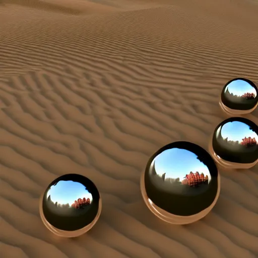 Prompt: army of metallic spheres in desert, raytracing, 5 5 mm