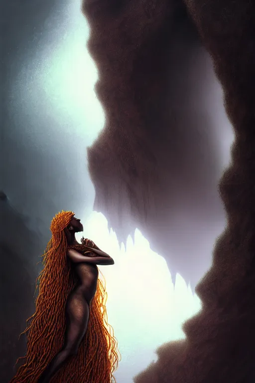 Prompt: A beautiful African Goddess with long flowing ginger hair on a ledge od deep abyss fantasy, intricate, elegant, highly detailed, D&D, digital painting, artstation, concept art, matte painting, sharp focus, illustration, extremely moody lighting, glowing light and shadow, atmospheric, shadowy, cinematic, in the style of Greg Rutkowski and artemisia gentileschi and Alphonse Mucha