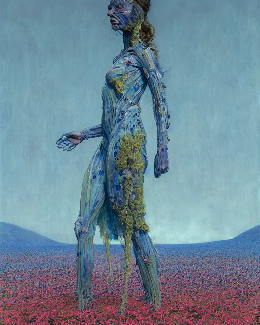 Image similar to A portrait of a woman wearing clothes made out of dying flowers, nuclear explosion in the background, Masterpiece, blue skin, glowing, wires everywhere, by Edgar Maxence and Ross Tran, Zdzisław Beksiński, and Michael Whelan, distant, gustav dore, H.R. Giger, 8k, octane render