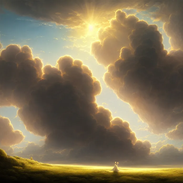 Image similar to beautiful landscape, sunny sky with fluffy clouds, iredescent soft glow bloom effect, dream - like, baroque portrait painting, perfect composition, beautiful detailed intricate detailed octane render, unreal engine 5, trending on artstation, 8 k, photorealistic, volumetric cinematic perfect light, chiaroscuro, masterpiece, raphael, caravaggio, beksinski, giger