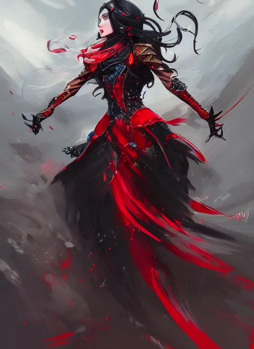 Image similar to a highly detailed illustration of elegant long black haired woman wearing red and black battle dress, heroically posing, with rainbow magic surrounding her, intricate, elegant, highly detailed, centered, digital painting, artstation, concept art, smooth, sharp focus, league of legends concept art, WLOP