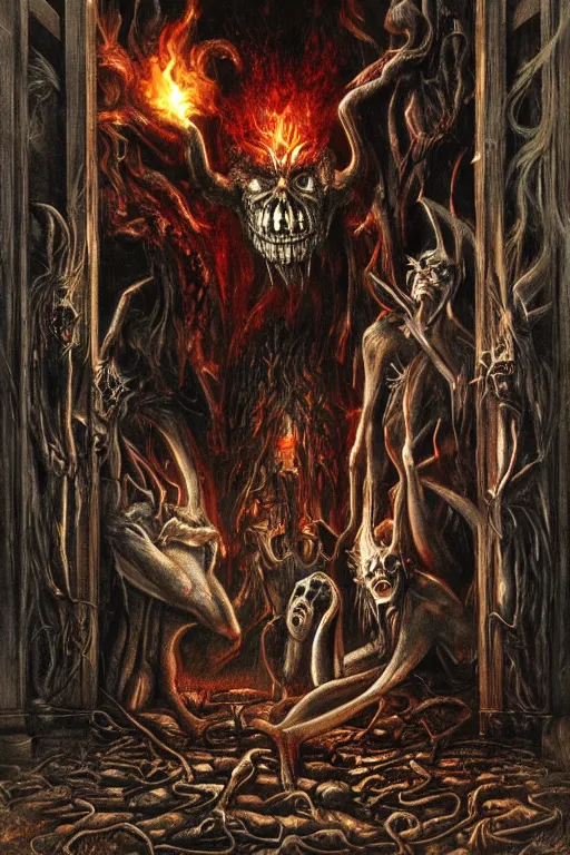 Image similar to Lost souls entering the gates of hell, fire, cheeky devil, eerie, sinister, horror, illustrated byAdrien Borda and H R Giger and Anne Stokes, 4k, 8k