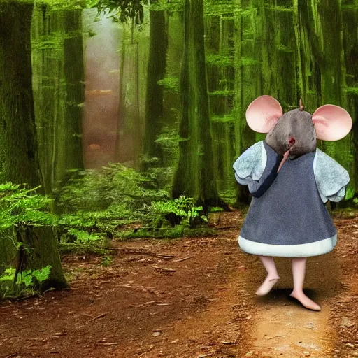 Prompt: an anthropomorphic mouse dressed in medieval clothing, studio Ghibli, walking through a lush forest