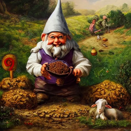 Prompt: a gnome having delight with goat manure, a detailed oil painting