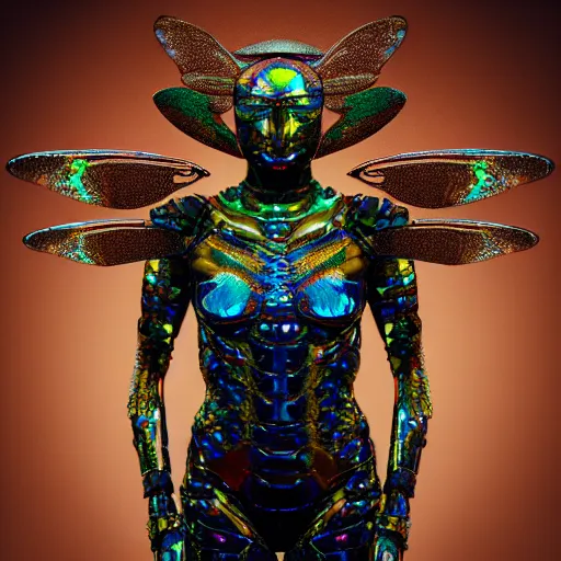 Prompt: brown woman wearing a shiny dragonfly armor. shimmering. iridiscent. thin - film interference. super detailed. layered. textured. award winning. dispersion of light. refracted lighting. soft. fragile. vunerable. extremely photorealistic. 8 k