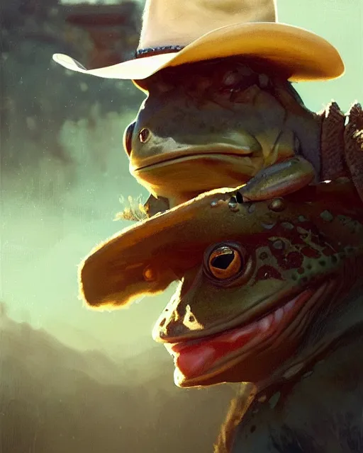 Prompt: epic portrait cinematic shot an frog wearing cowboy outfit and a cowboy hat, fine details. night setting. realistic shaded lighting poster by craig mullism, artgerm, jeremy lipkin and michael garmash, unreal engine, radiant light, detailed and intricate environment, digital art, trending on art station,
